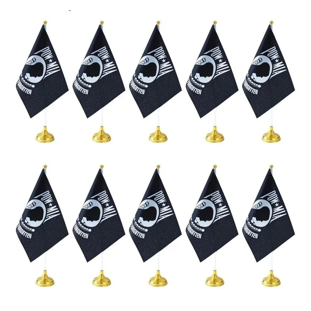 WXTWK 10 Pack POW MIA Desktop Table Flags with Golden Bases, 5.5 x 8.2 Inch Mini